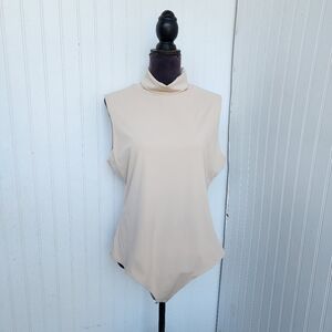 Perfectly Priscilla Women's Beige Bodysuit Stretch Turtleneck Sleveless 2XL